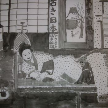 Σχέδιο με τίτλο "Old Japan 8" από Toshio Asaki, Αυθεντικά έργα τέχνης, Μελάνι