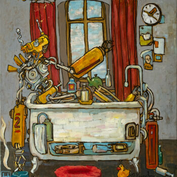 Painting titled "Naked in bathroom" by Tot_chuvak, Original Artwork, Oil Mounted on Wood Stretcher frame