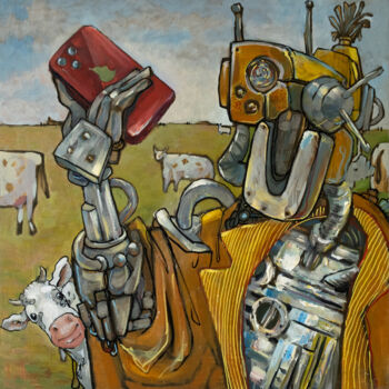 Painting titled "Robo Selfie" by Tot_chuvak, Original Artwork, Oil Mounted on Wood Stretcher frame