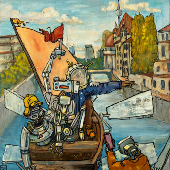 Painting titled "Travel in Berlin" by Tot_chuvak, Original Artwork, Oil Mounted on Wood Stretcher frame