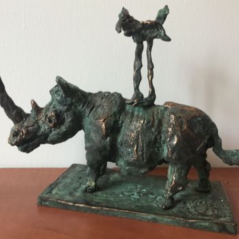 Γλυπτική με τίτλο "Rhino with bird" από Erno Toth, Αυθεντικά έργα τέχνης, Μπρούντζος