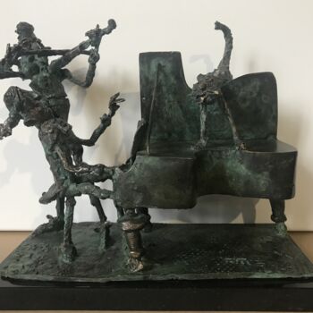 Sculpture titled "Mozart and the cat" by Erno Toth, Original Artwork, Bronze