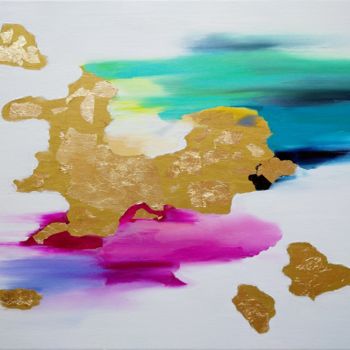 Painting titled "GOLDEN ISLAND" by Monika Toth, Original Artwork, Oil Mounted on Wood Stretcher frame
