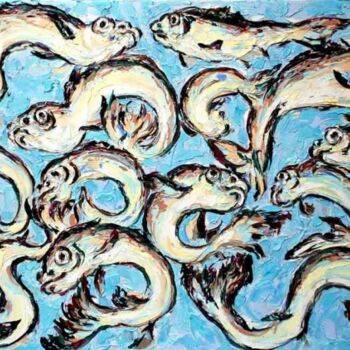 Painting titled "peces en el cielo "…" by Totom, Antonio Garcia Calvente (1957-2015), Original Artwork, Oil