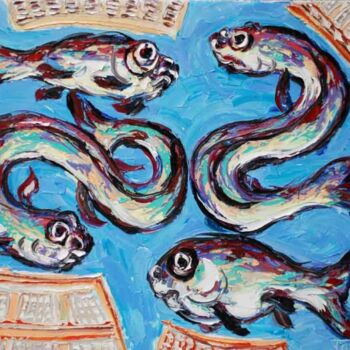 Peinture intitulée "peces en el cielo,…" par Totom, Antonio Garcia Calvente (1957-2015), Œuvre d'art originale, Huile