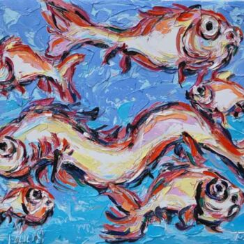 Schilderij getiteld "peces en el cielo" door Totom, Antonio Garcia Calvente (1957-2015), Origineel Kunstwerk, Olie