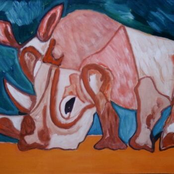 Painting titled "Rhino -3" by Toufik Sounni, Original Artwork, Oil