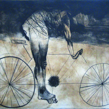 Druckgrafik mit dem Titel "BICYCLIST" von Goce Trajkovski, Original-Kunstwerk, Gravur