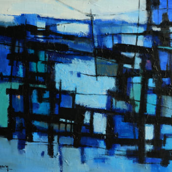 Painting titled "Blue street" by Anh Huy Tran, Original Artwork, Acrylic Mounted on Wood Stretcher frame