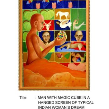 Malerei mit dem Titel "man with magic cube" von Pramod Kumar, Original-Kunstwerk