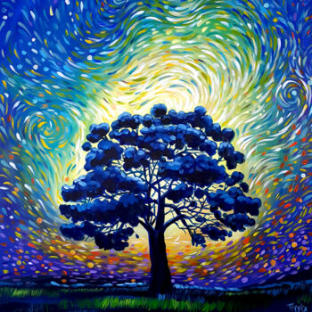 Painting titled "Night Tree" by Trayko Popov, Original Artwork, Acrylic Mounted on Wood Stretcher frame