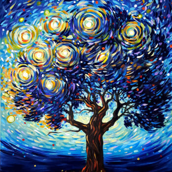 Painting titled "Stars Tree" by Trayko Popov, Original Artwork, Acrylic Mounted on Wood Stretcher frame