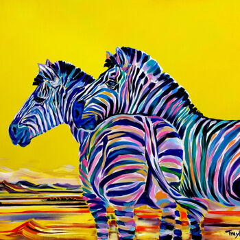 Painting titled "Wildlife | Zebras |…" by Trayko Popov, Original Artwork, Acrylic Mounted on Wood Stretcher frame