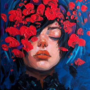 「Red Petals」というタイトルの絵画 Trayko Popovによって, オリジナルのアートワーク, アクリル ウッドストレッチャーフレームにマウント