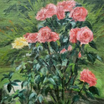 「Розы в саду」というタイトルの絵画 Алексей Кузьминによって, オリジナルのアートワーク, オイル