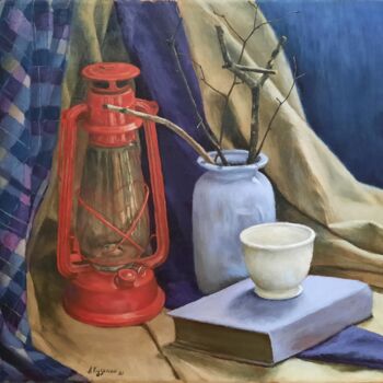 「Натюрморт с лампой」というタイトルの絵画 Алексей Кузьминによって, オリジナルのアートワーク, オイル ウッドストレッチャーフレームにマウント