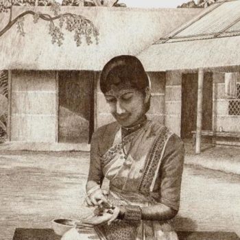 Desenho intitulada "Girl applying Jetuk…" por Tridib Dutta, Obras de arte originais