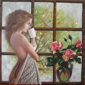 Painting titled "Woman to the window" by Katerina Evgenieva, Original Artwork, Oil
