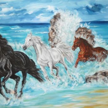 Painting titled "Horses in to the sea" by Katerina Evgenieva, Original Artwork