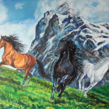 Schilderij getiteld "Horses in the mount…" door Katerina Evgenieva, Origineel Kunstwerk