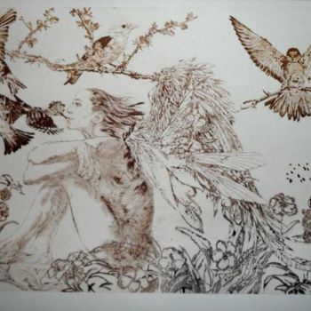 Gravures & estampes intitulée "Dream angel 2" par Katerina Evgenieva, Œuvre d'art originale, Gravure