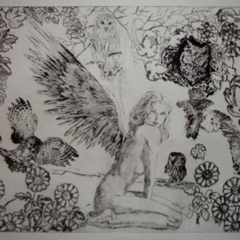 Gravures & estampes intitulée "Dream angel 3" par Katerina Evgenieva, Œuvre d'art originale, Gravure
