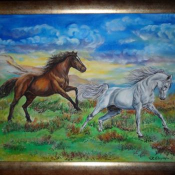 Картина под названием "horses in field" - Katerina Evgenieva, Подлинное произведение искусства