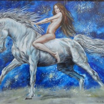 Malerei mit dem Titel "Woman into the horse" von Katerina Evgenieva, Original-Kunstwerk