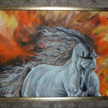 Painting titled "White Z horse" by Katerina Evgenieva, Original Artwork, Oil