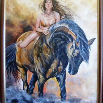 Pittura intitolato "Horse with rider" da Katerina Evgenieva, Opera d'arte originale