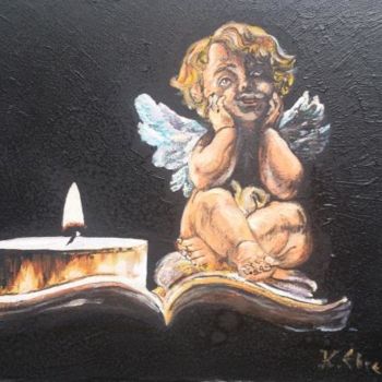 Pintura intitulada "Angel with candle" por Katerina Evgenieva, Obras de arte originais