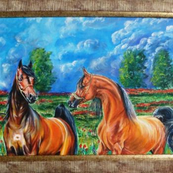 Painting titled "Horses in poppies f…" by Katerina Evgenieva, Original Artwork, Oil