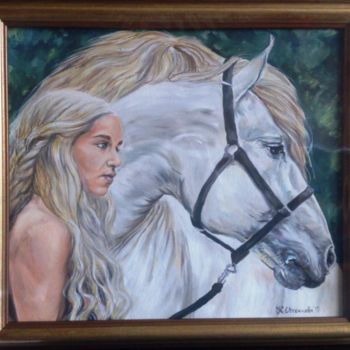 Schilderij getiteld "White horse with gi…" door Katerina Evgenieva, Origineel Kunstwerk