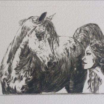 Printmaking titled "White horse and girl" by Katerina Evgenieva, Original Artwork, Engraving