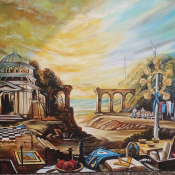 Pittura intitolato "Masonic landscape w…" da Katerina Evgenieva, Opera d'arte originale, Olio