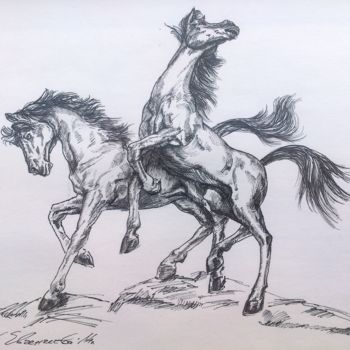 Dessin intitulée "Horses play" par Katerina Evgenieva, Œuvre d'art originale, Encre