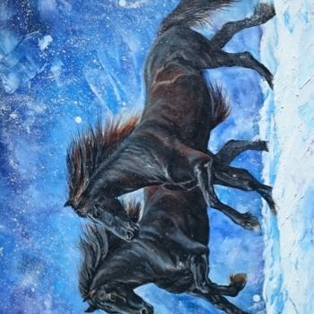 Schilderij getiteld "Horses running in t…" door Katerina Evgenieva, Origineel Kunstwerk, Olie