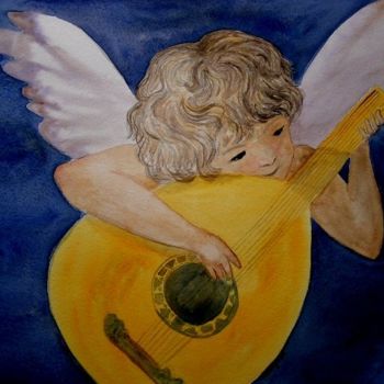 Painting titled "Ange musicien" by Troniou, Original Artwork, Oil