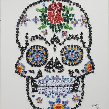 Collages intitolato "Tête de mort mexica…" da Christelle Hayez, Opera d'arte originale, Collages