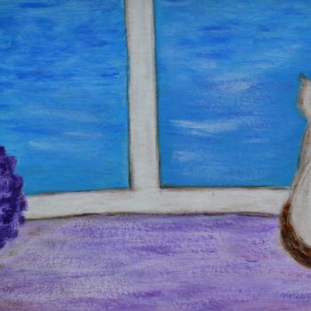 Pintura titulada "Кошка у голубого ок…" por Natalia Troshina, Obra de arte original, Acrílico