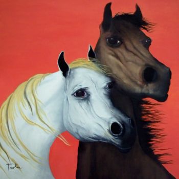 Painting titled "Horse Lovers in Red" by Patrick Trotter, Original Artwork, Oil