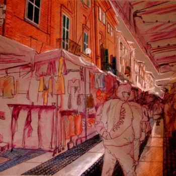 Pittura intitolato "Mercato in via Roma…" da Gian Piero Trucco, Opera d'arte originale, Olio