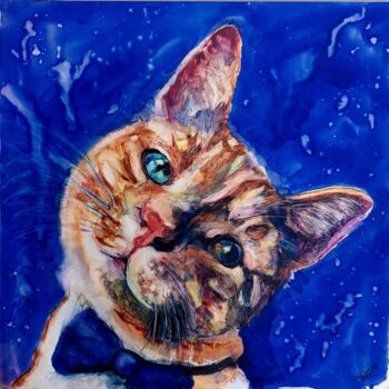 Painting titled "Portrait orange cat" by Trudy Colette, Original Artwork, Watercolor