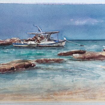 Картина под названием "boat in sea greece" - Trudy Colette, Подлинное произведение искусства, Акварель