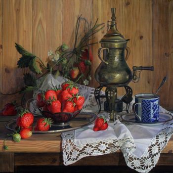 Painting titled "Клубника" by Tschumakov Sergey, Original Artwork, Oil Mounted on Wood Stretcher frame