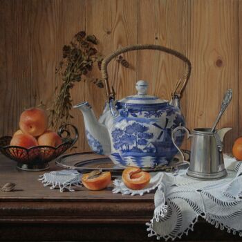 Картина под названием "Абрикосы и чайник" - Tschumakov Sergey, Подлинное произведение искусства, Масло Установлен на Деревян…