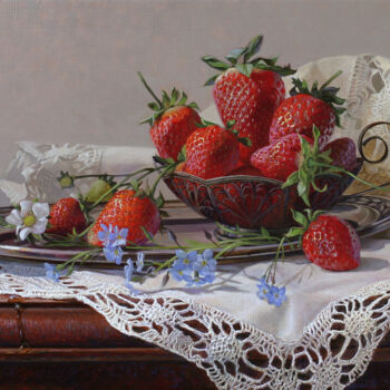 Peinture intitulée "Erdbeeren" par Tschumakov Sergey, Œuvre d'art originale, Huile Monté sur Châssis en bois