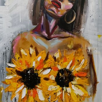 Картина под названием "Girl with sunflowers" - Aliaksandra Tsesarskaya, Подлинное произведение искусства, Акрил