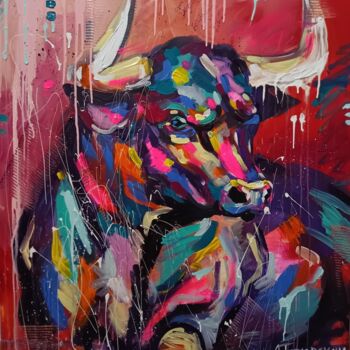 Schilderij getiteld "Bull" door Aliaksandra Tsesarskaya, Origineel Kunstwerk, Acryl Gemonteerd op Frame voor houten brancard