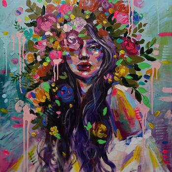 Pintura titulada "Women with flowers…" por Aliaksandra Tsesarskaya, Obra de arte original, Acrílico Montado en Bastidor de c…